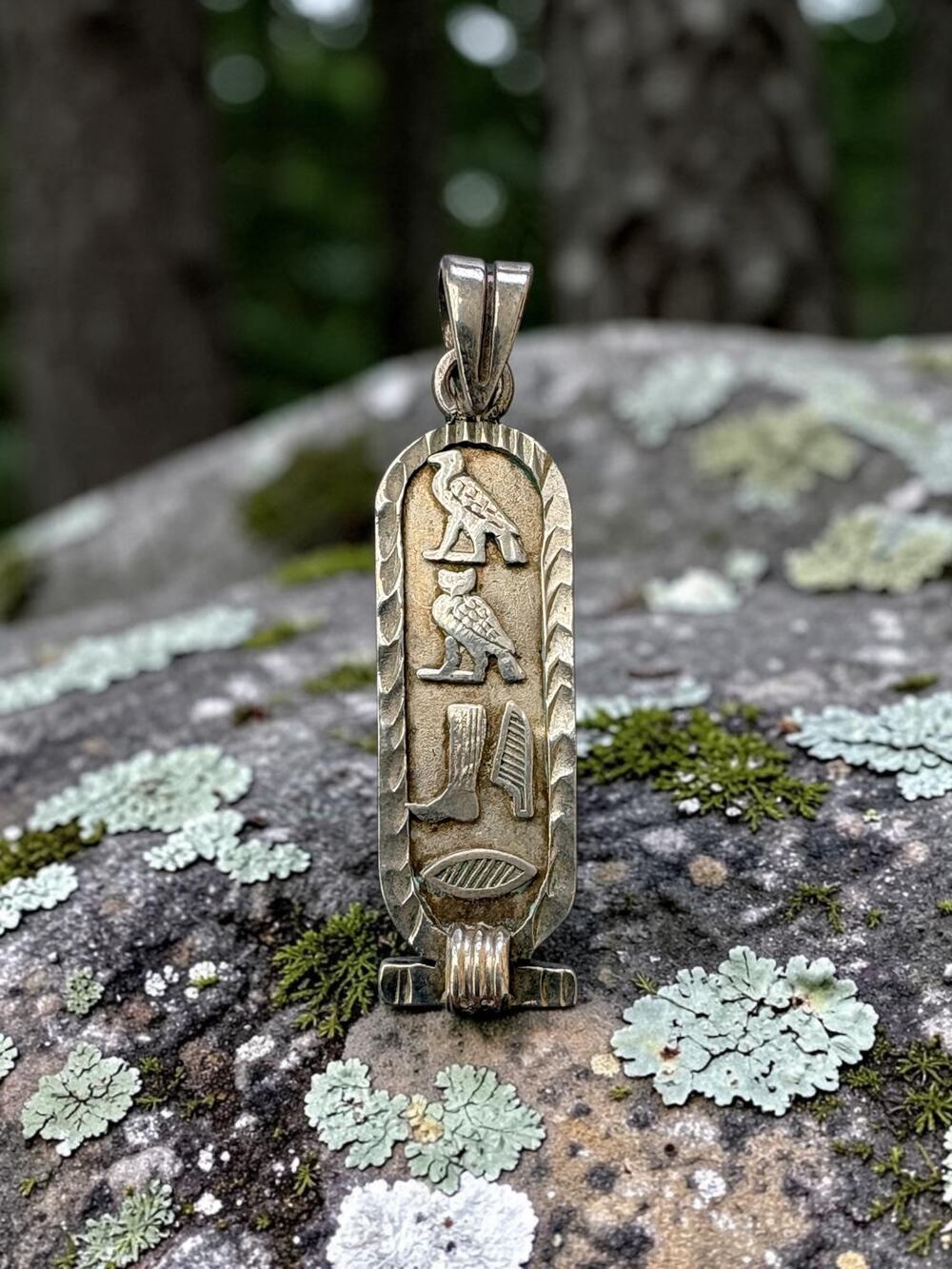 Vintage Silver Toned Egyptian Hieroglyph Figural Pendant Raised Bird Motif